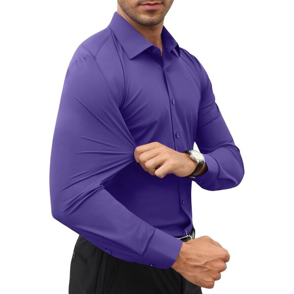 Men Purple Long Sleeve Slim Muscle Fit Wrinkle Free Button Down Dress Shirts - Picture 2 of 9